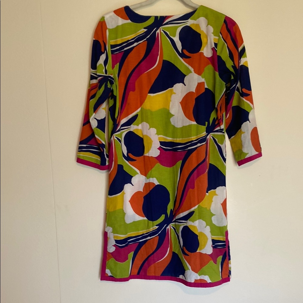 Boden | Lime Green Orange Purple Sheath Dress V-Neck Floral Detail 3/4 Sleeves 6 - Picture 2 of 8